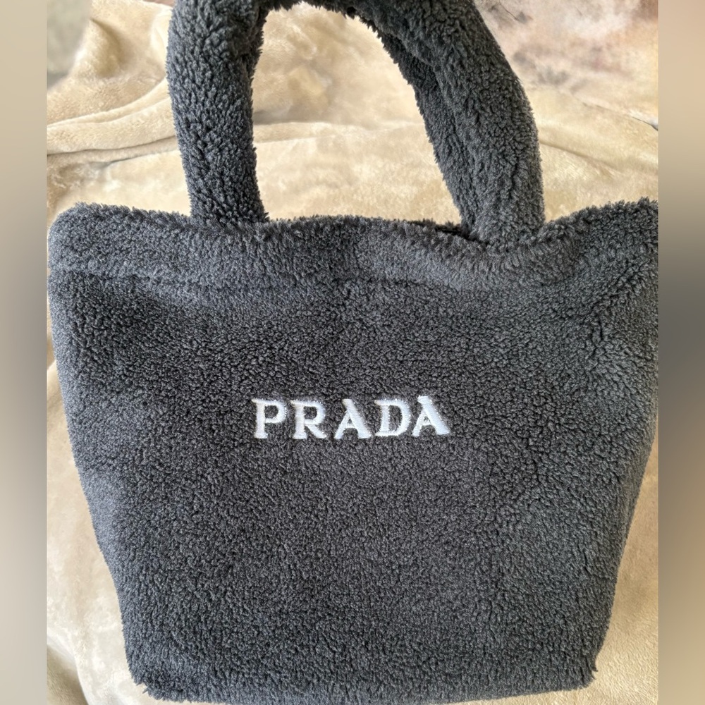 Beautiful Prada Gray Shearling Plush Embroidered Tote Bag, NEW!